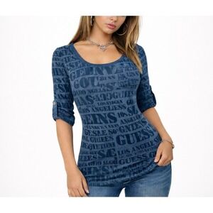Vintage 90s Y2K Guess Allover Graphic Print 3/4 Sleeve Sheer Top Women M Navy